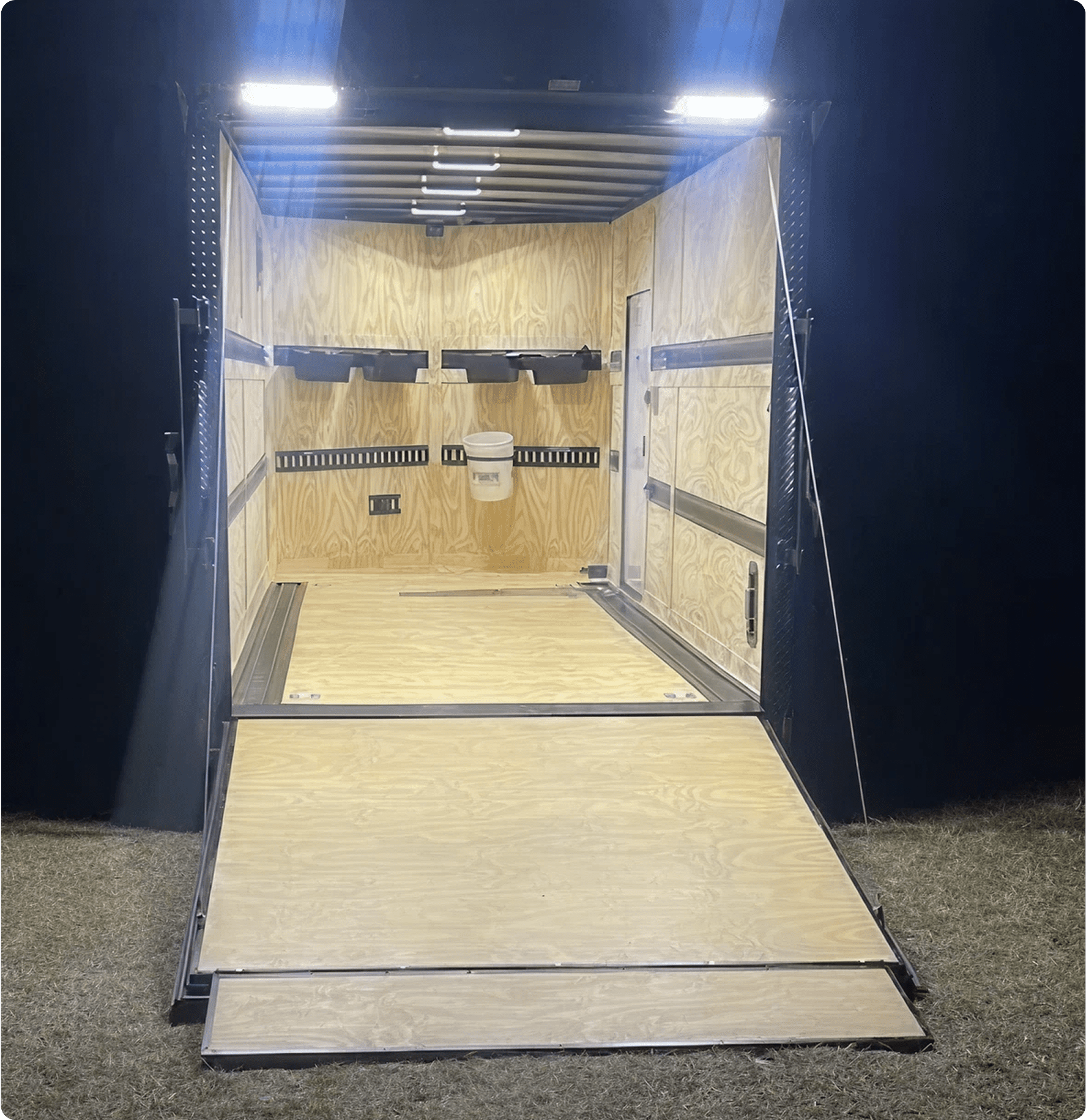 Well-lit empty trailer at night
