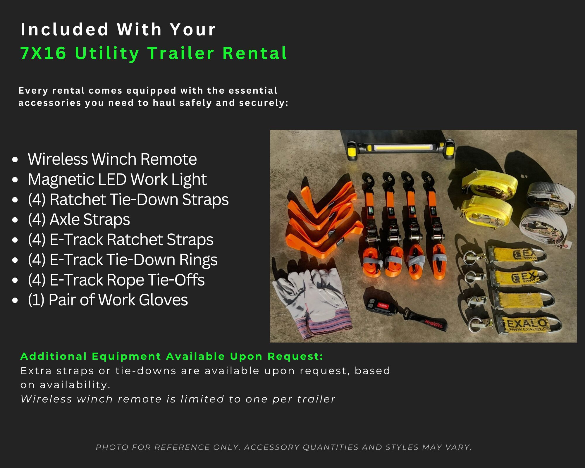 Utility trailer rental with included straps and tie-downs for secure hauling.
