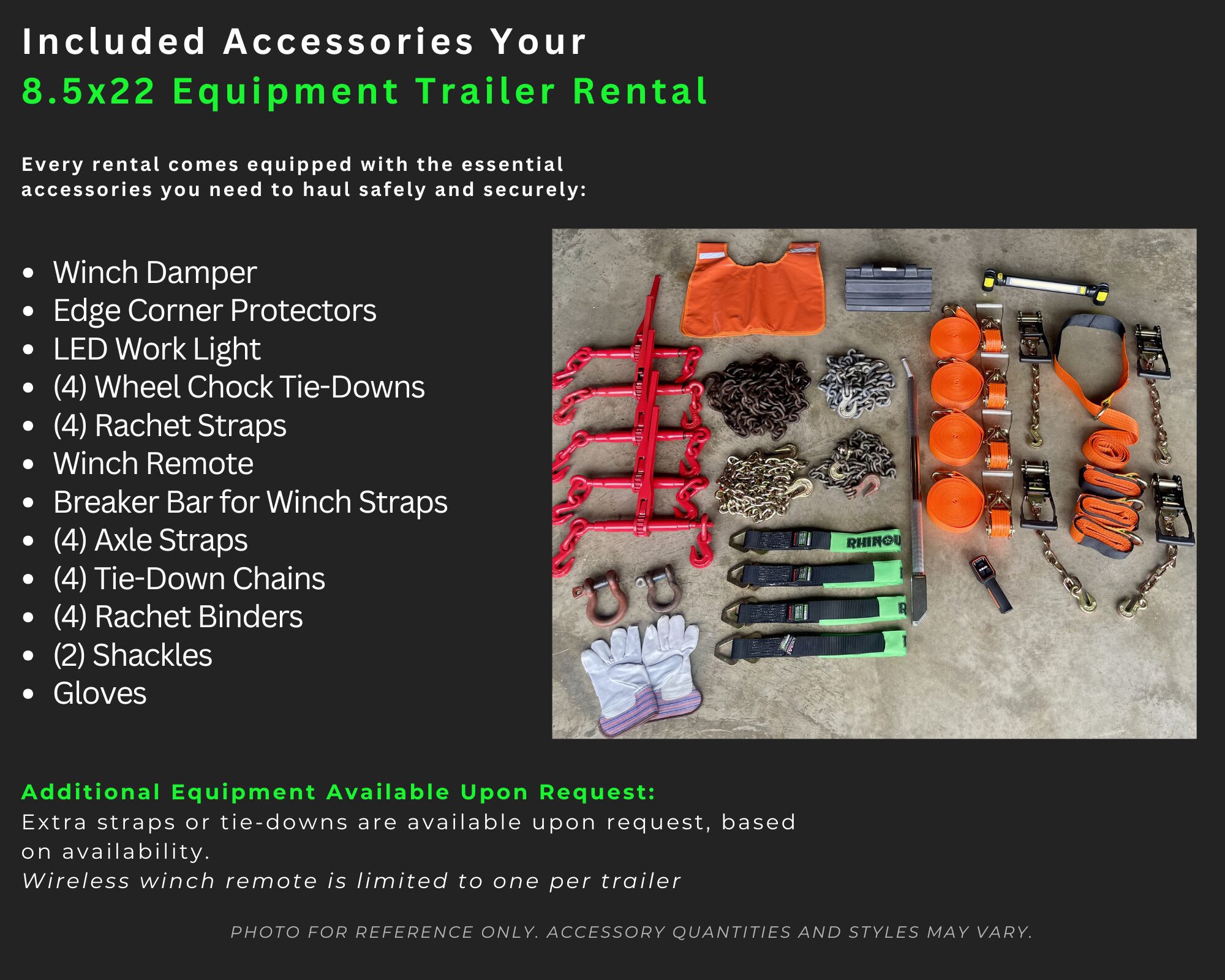 Safety gear and accessories for rental equipment displayed on a table.