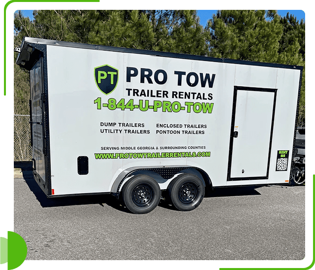 White trailer with Pro Tow Trailer Rentals advertisement and contact info.